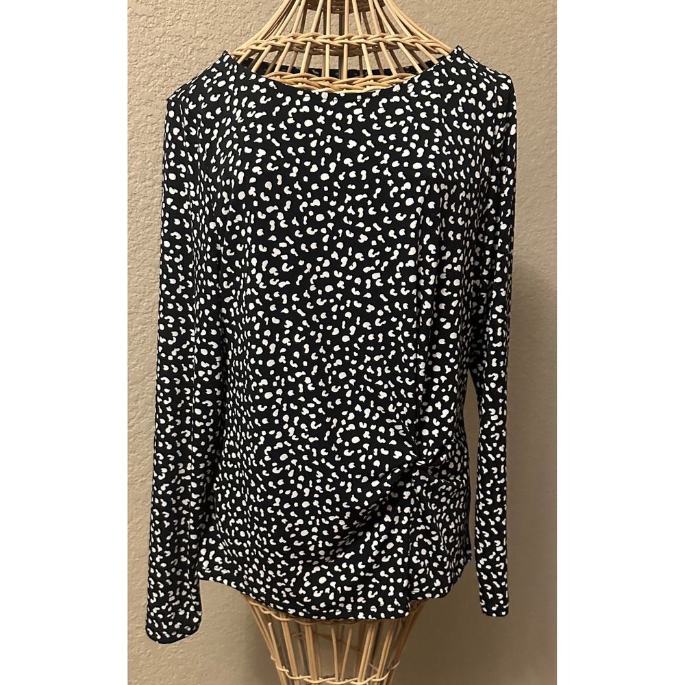 Tahari Womens Black White Abstract Dot Side Twist Knot Long‎ Sleeve Top Large